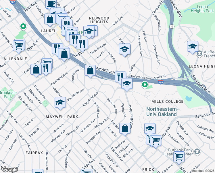 map of restaurants, bars, coffee shops, grocery stores, and more near 4737 Redding Street in Oakland