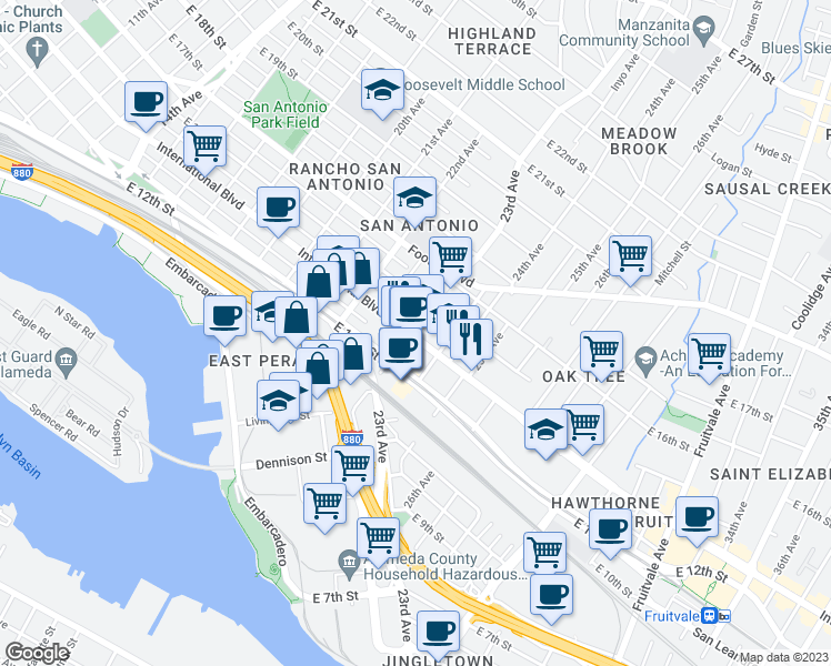 map of restaurants, bars, coffee shops, grocery stores, and more near 2300 International Boulevard in Oakland