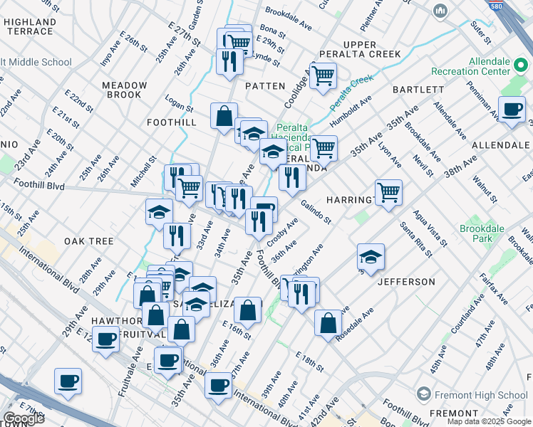 map of restaurants, bars, coffee shops, grocery stores, and more near 3430 Alexander Court in Oakland