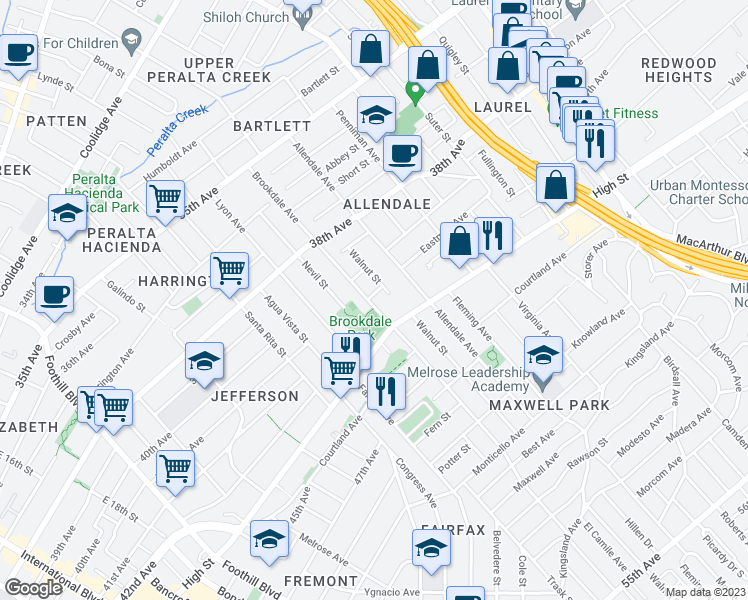 map of restaurants, bars, coffee shops, grocery stores, and more near 4100 Brookdale Avenue in Oakland