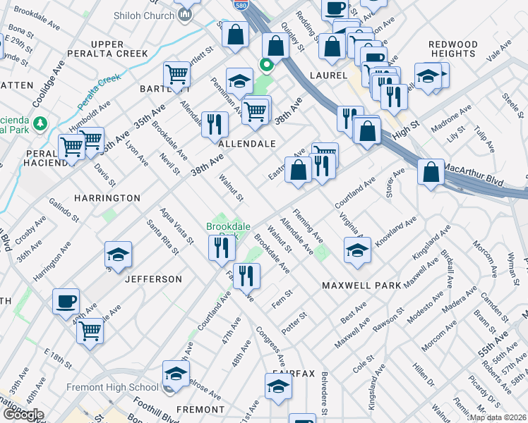 map of restaurants, bars, coffee shops, grocery stores, and more near 2701 High Street in Oakland