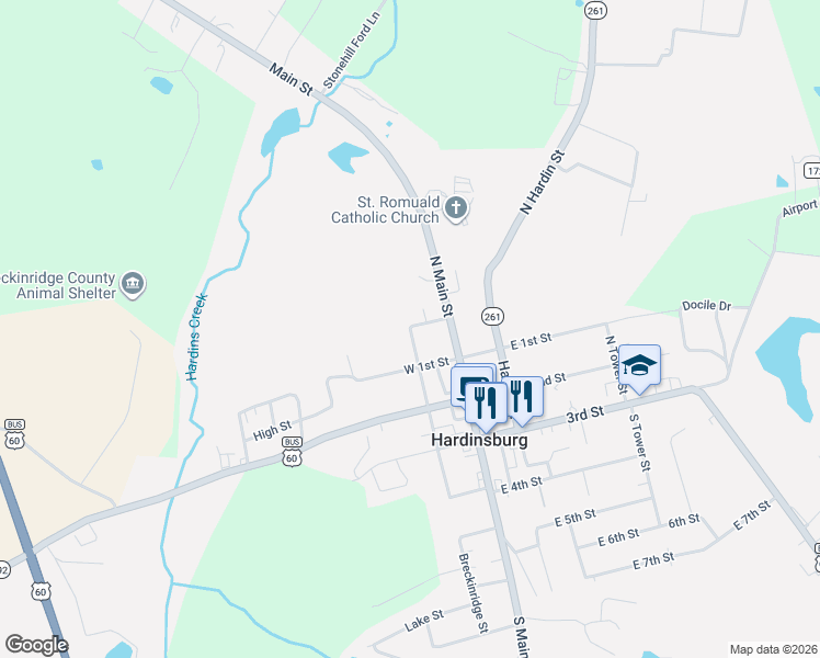 map of restaurants, bars, coffee shops, grocery stores, and more near 100 Breckinridge Street in Hardinsburg