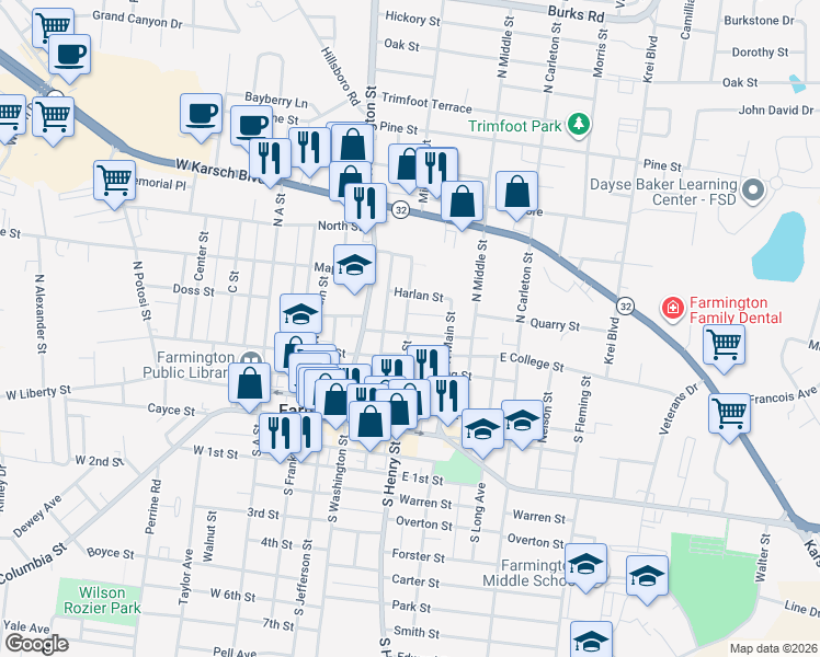 map of restaurants, bars, coffee shops, grocery stores, and more near 203 Patterson Street in Farmington