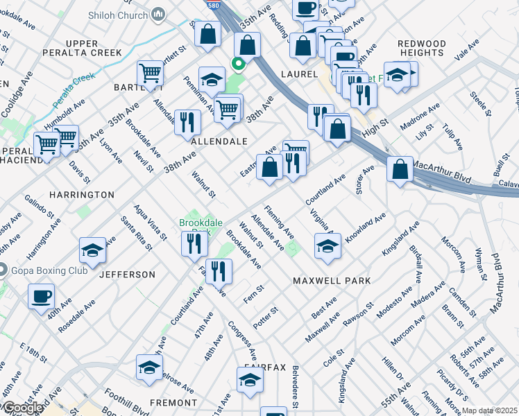 map of restaurants, bars, coffee shops, grocery stores, and more near 2820 High Street in Oakland