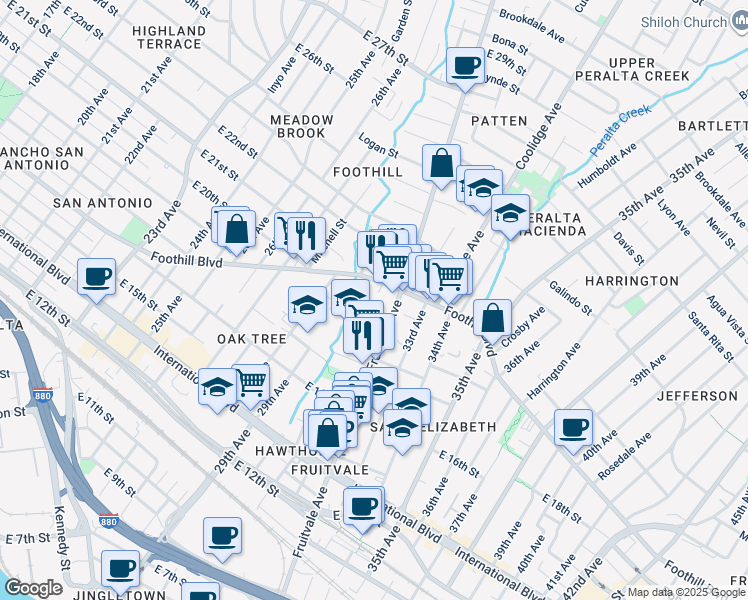 map of restaurants, bars, coffee shops, grocery stores, and more near 3020 East 19th Street in Oakland