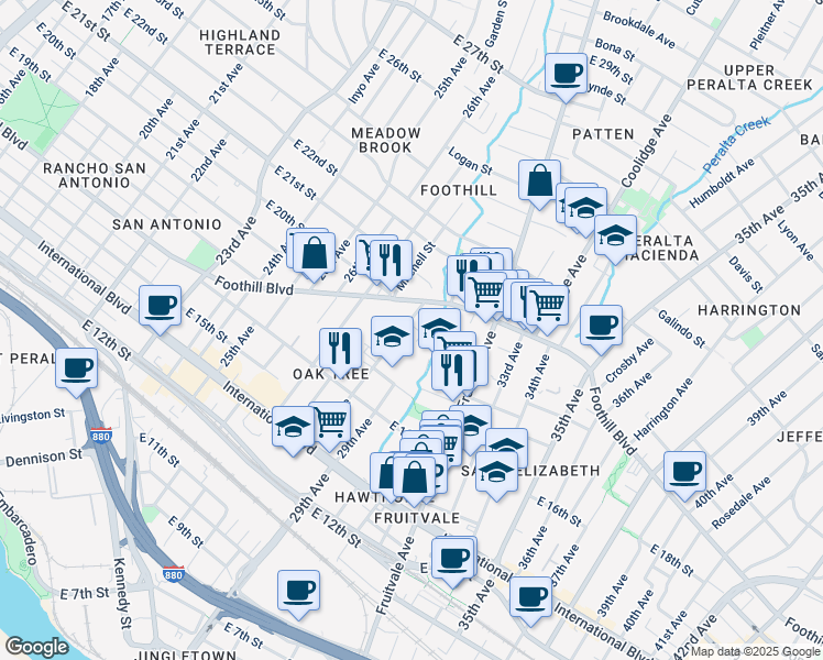 map of restaurants, bars, coffee shops, grocery stores, and more near 1818 28th Avenue in Oakland