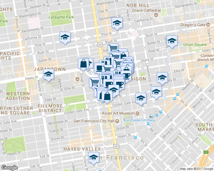map of restaurants, bars, coffee shops, grocery stores, and more near 830 Van Ness Ave in San Francisco