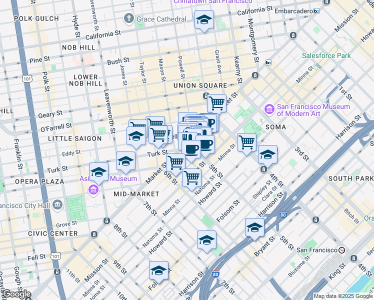 map of restaurants, bars, coffee shops, grocery stores, and more near in San Francisco