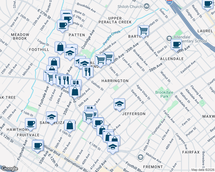map of restaurants, bars, coffee shops, grocery stores, and more near 2135 Harrington Avenue in Oakland