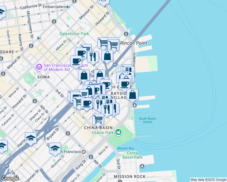 map of restaurants, bars, coffee shops, grocery stores, and more near 200 Brannan Street in San Francisco