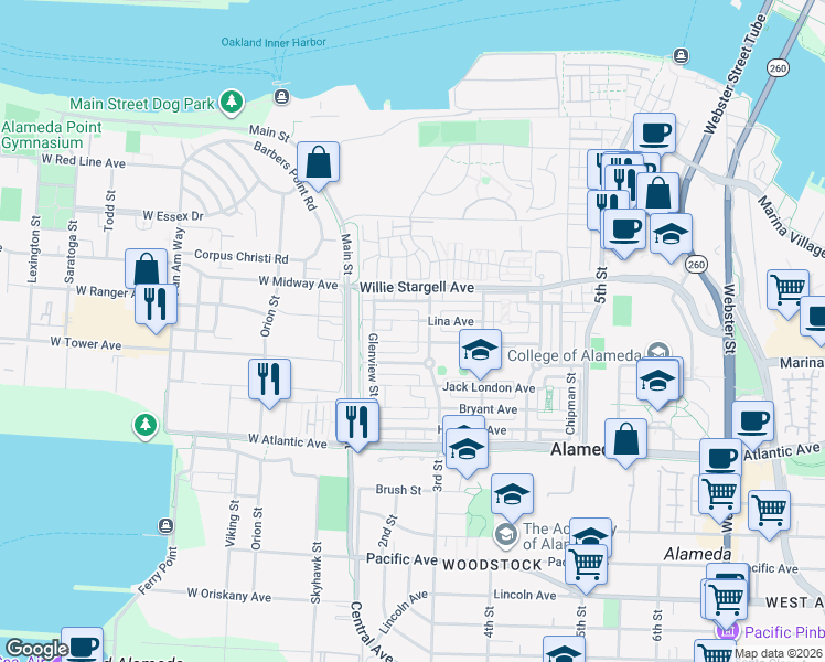 map of restaurants, bars, coffee shops, grocery stores, and more near 2371 Tuttle Lane in Alameda
