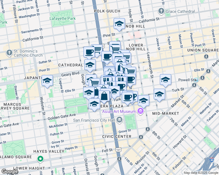 map of restaurants, bars, coffee shops, grocery stores, and more near 840 Van Ness Avenue in San Francisco