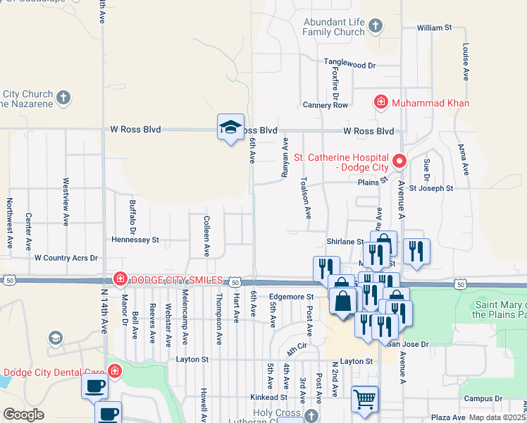 map of restaurants, bars, coffee shops, grocery stores, and more near 2804 6th Avenue in Dodge City