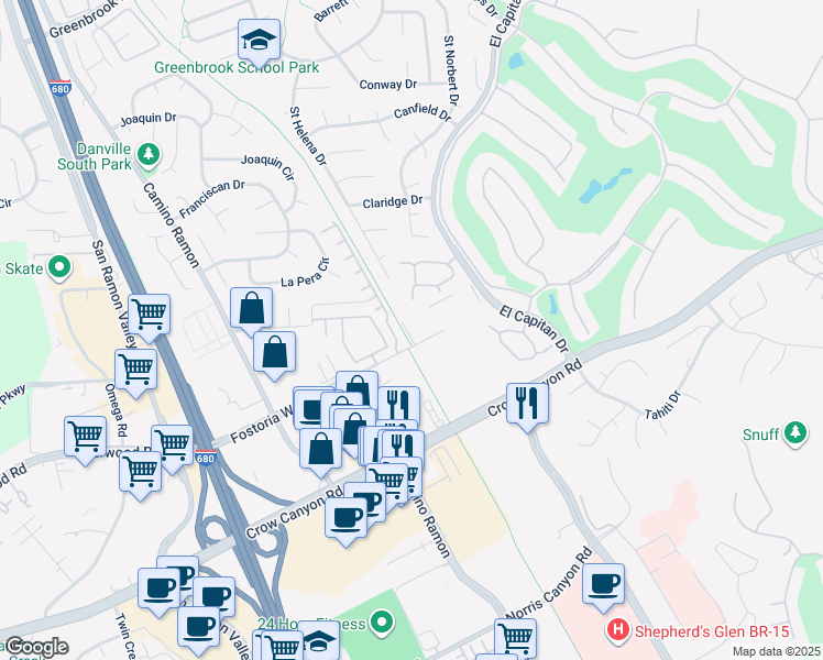 map of restaurants, bars, coffee shops, grocery stores, and more near 3404 Fostoria Way in Danville
