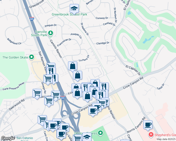 map of restaurants, bars, coffee shops, grocery stores, and more near 1981 Camino Ramon in Danville