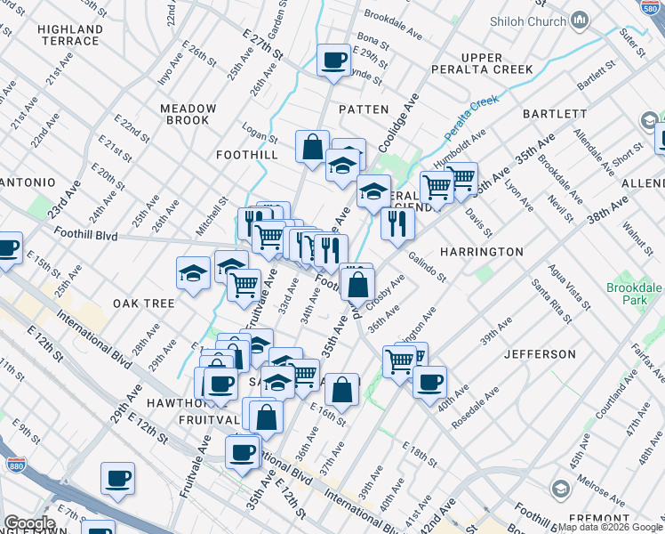 map of restaurants, bars, coffee shops, grocery stores, and more near 2025 34th Avenue in Oakland