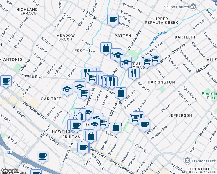 map of restaurants, bars, coffee shops, grocery stores, and more near 2025 34th Avenue in Oakland