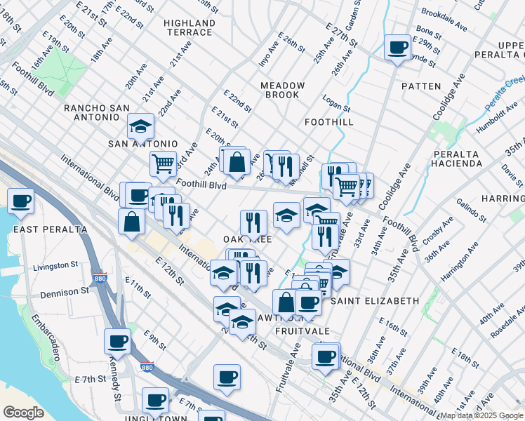 map of restaurants, bars, coffee shops, grocery stores, and more near 1711 27th Avenue in Oakland