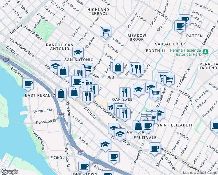 map of restaurants, bars, coffee shops, grocery stores, and more near 2554 East 16th Street in Oakland