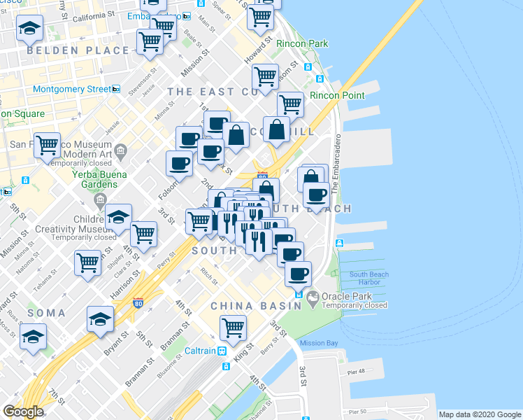 map of restaurants, bars, coffee shops, grocery stores, and more near 355 Bryant Street in San Francisco