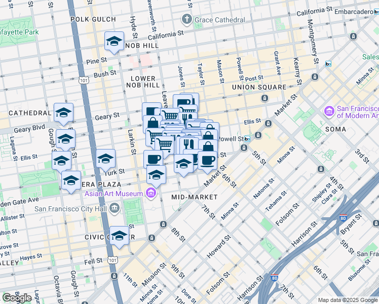 map of restaurants, bars, coffee shops, grocery stores, and more near 355 Eddy Street in San Francisco