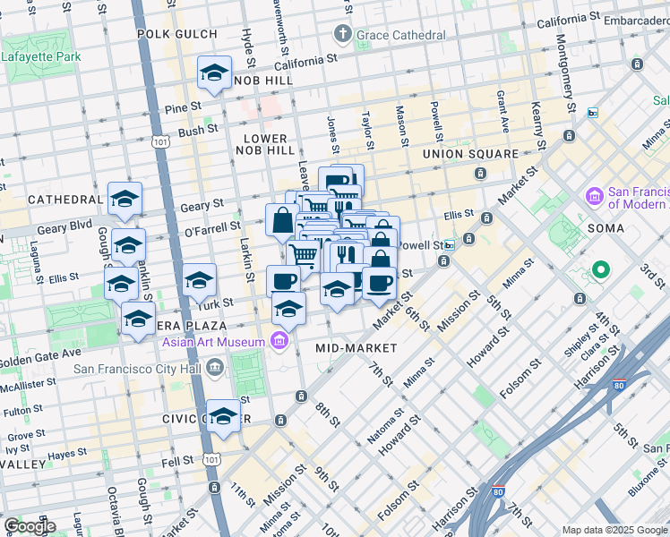 map of restaurants, bars, coffee shops, grocery stores, and more near 355 Eddy Street in San Francisco
