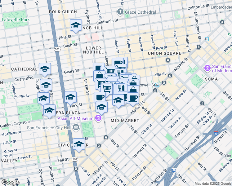 map of restaurants, bars, coffee shops, grocery stores, and more near 355 Eddy Street in San Francisco