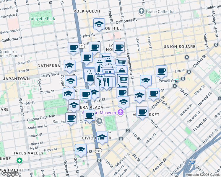 map of restaurants, bars, coffee shops, grocery stores, and more near in San Francisco