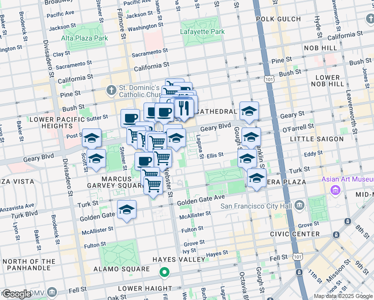 map of restaurants, bars, coffee shops, grocery stores, and more near 45 Galilee Lane in San Francisco