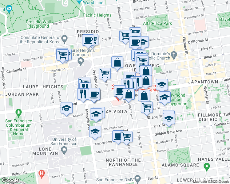 map of restaurants, bars, coffee shops, grocery stores, and more near 2531 Post Street in San Francisco