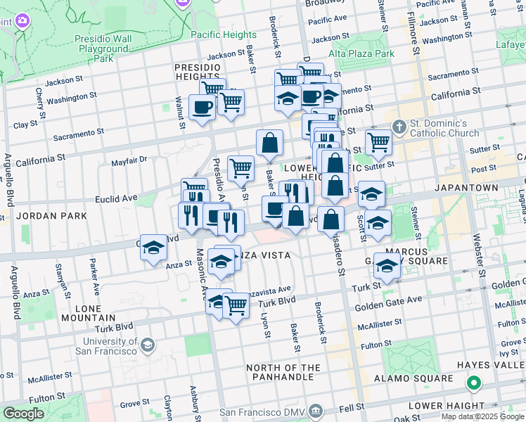 map of restaurants, bars, coffee shops, grocery stores, and more near 2531 Post Street in San Francisco