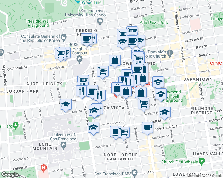 map of restaurants, bars, coffee shops, grocery stores, and more near 2531 Post Street in San Francisco
