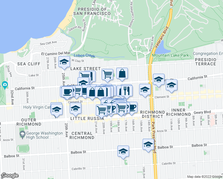 map of restaurants, bars, coffee shops, grocery stores, and more near 234 19th Avenue in San Francisco