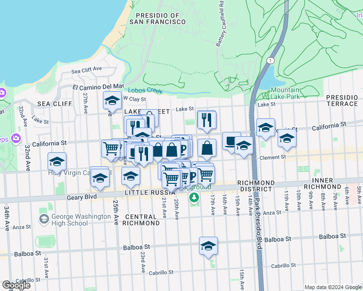 map of restaurants, bars, coffee shops, grocery stores, and more near 236 20th Avenue in San Francisco