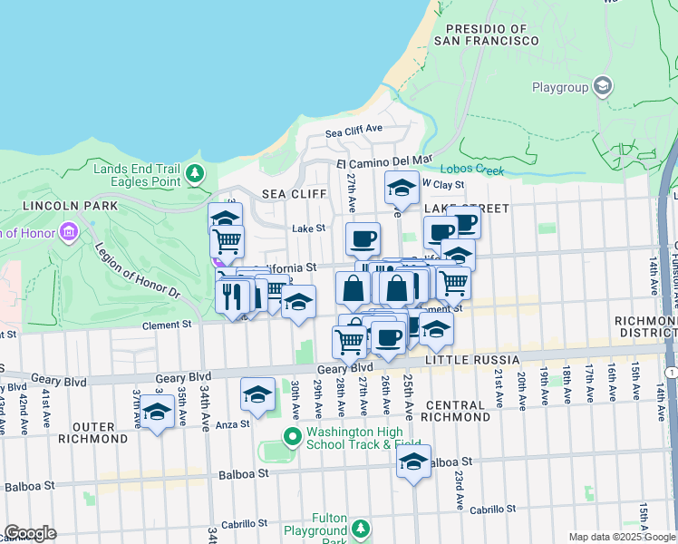 map of restaurants, bars, coffee shops, grocery stores, and more near 324 29th Avenue in San Francisco