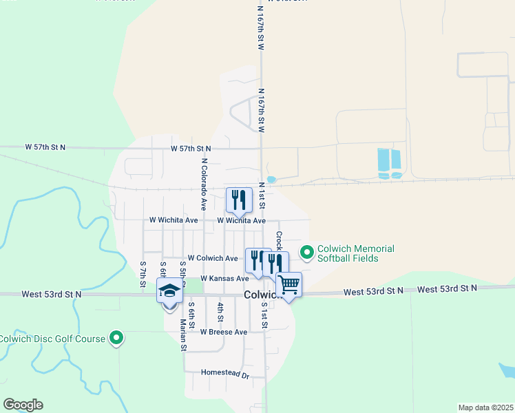 map of restaurants, bars, coffee shops, grocery stores, and more near 128 North 1st Street in Colwich