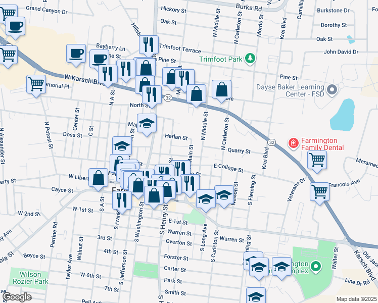 map of restaurants, bars, coffee shops, grocery stores, and more near 221 Patterson Street in Farmington