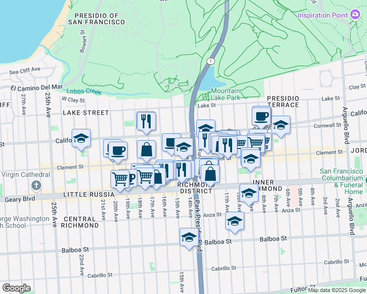 map of restaurants, bars, coffee shops, grocery stores, and more near 249 14th Avenue in San Francisco