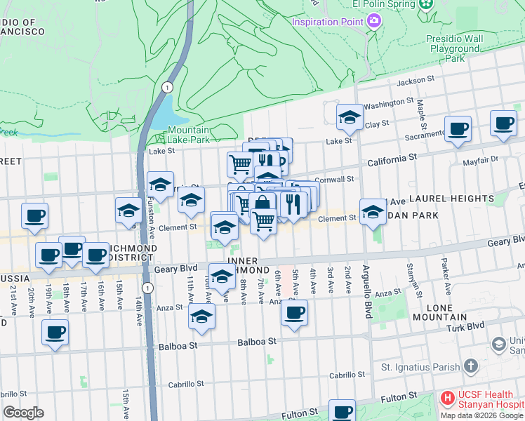 map of restaurants, bars, coffee shops, grocery stores, and more near 431 Clement Street in San Francisco