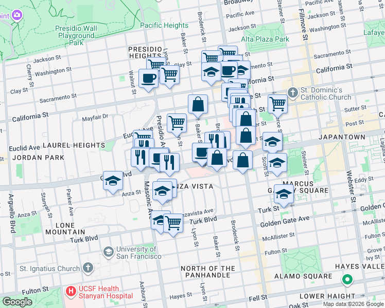 map of restaurants, bars, coffee shops, grocery stores, and more near 2531 Post Street in San Francisco
