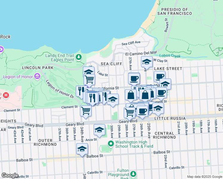 map of restaurants, bars, coffee shops, grocery stores, and more near 6743 California Street in San Francisco