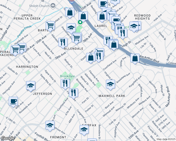 map of restaurants, bars, coffee shops, grocery stores, and more near in Oakland