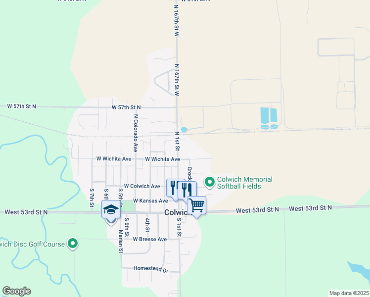 map of restaurants, bars, coffee shops, grocery stores, and more near 128 North 1st Street in Colwich
