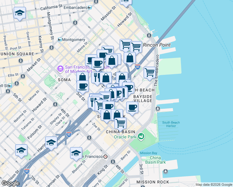 map of restaurants, bars, coffee shops, grocery stores, and more near in San Francisco