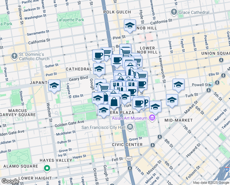 map of restaurants, bars, coffee shops, grocery stores, and more near 851 Van Ness Avenue in San Francisco