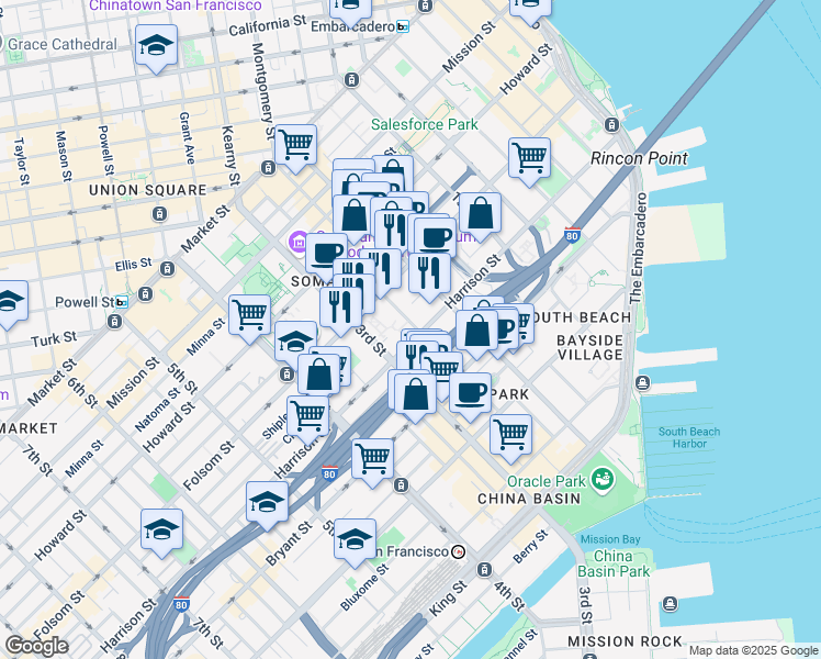 map of restaurants, bars, coffee shops, grocery stores, and more near 170 Hawthorne Street in San Francisco