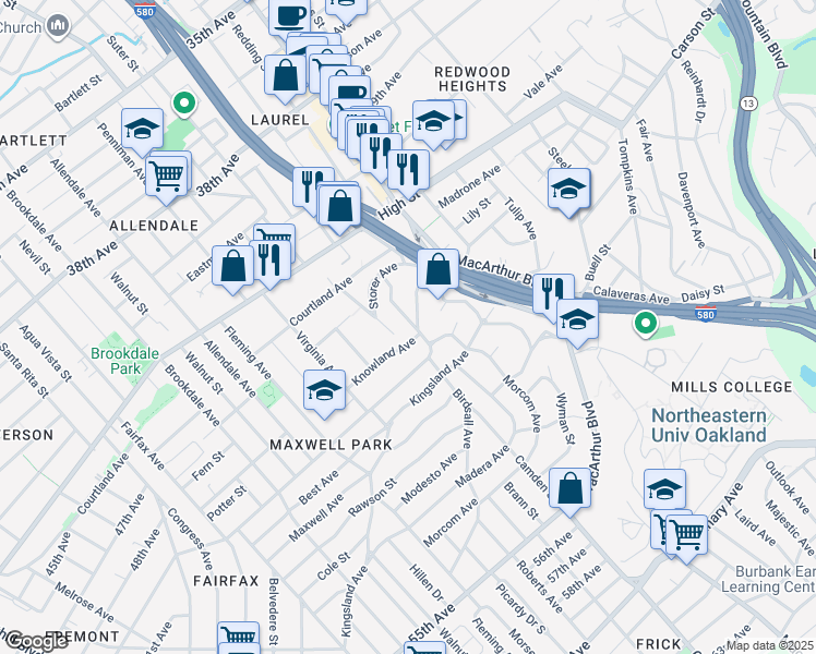 map of restaurants, bars, coffee shops, grocery stores, and more near 4751 Meldon Avenue in Oakland
