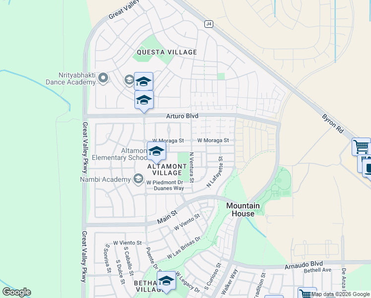 map of restaurants, bars, coffee shops, grocery stores, and more near 319 West Saint Francis Avenue in Mountain House
