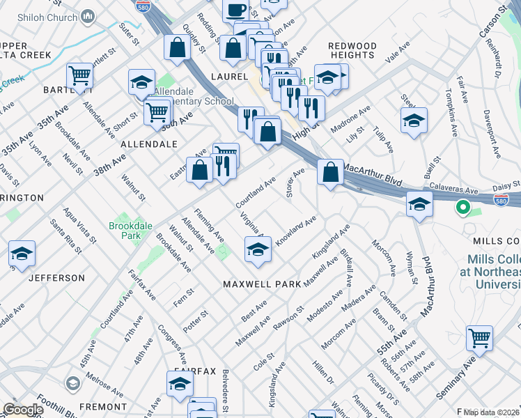 map of restaurants, bars, coffee shops, grocery stores, and more near 3141 Herriott Avenue in Oakland