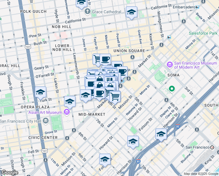 map of restaurants, bars, coffee shops, grocery stores, and more near 240 Jones Street in San Francisco